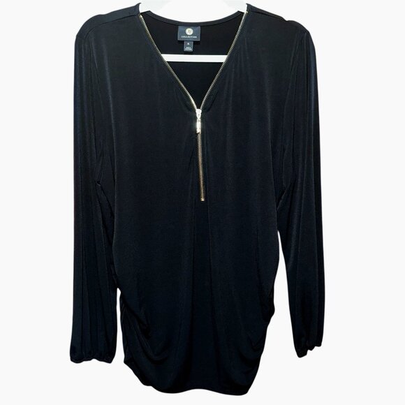JM Collection Black Zip Tunic Top XL – Ruched Sides, Stretch Knit, Quiet Luxury - Picture 2 of 6